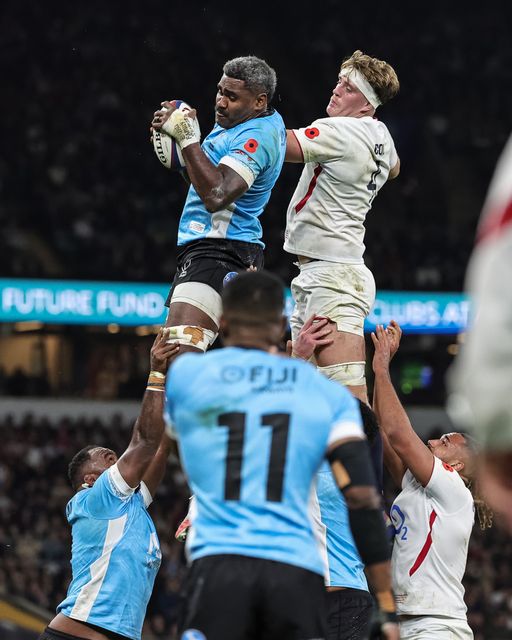 Kitione Salawa of Fiji jumps up to win the ball in a lineout from Alex Coles of England during the Quilter Nations Series 2025 match England vs Fiji at Allianz Stadium, Twickenham, United Kingdom, 8th November 2025

(Photo by Mark Cosgrove/News Images)

*** GER AUT SUI OUT ***