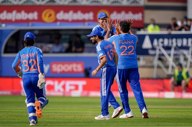 Harshit Rana of India of India celebrates taking a wicket to dismiss Tom Banton of England  of England during the Third Vitality T20 International match England vs India at Trent Bridge, Nottingham, United Kingdom on 07 July 2026

(Photo by Maynard Manyowa/News Images)