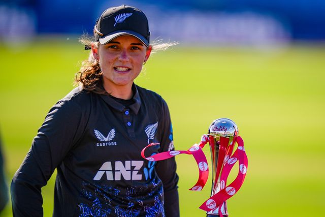 New Zealand captain Amelia Kerr poses with the Vitality Trophy before the game during the England Women v New Zealand 1st Vitality IT20 match at The Central Co-Op County Ground, Derby, United Kingdom on 20 May 2026

(Photo by Maynard Manyowa/News Images)