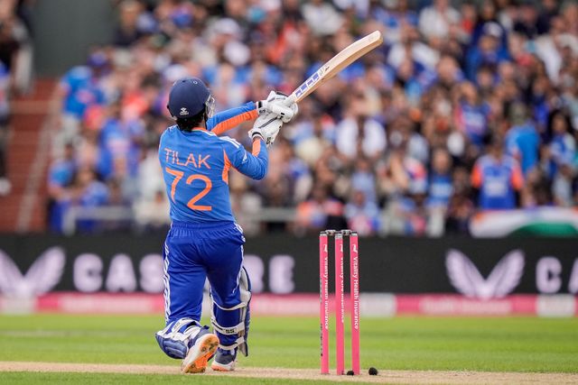 Tilak Varma of India hits a six during the Second Vitality T20 International match England vs India at Old Trafford, Manchester, United Kingdom on 04 July 2026

(Photo by Maynard Manyowa/News Images)