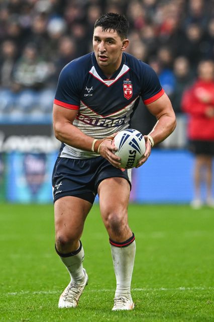 Victor Radley of England makes a break during the Rugby League International match England vs Tonga at John Smith's Stadium, Huddersfield, United Kingdom, 28th October 2023

(Photo by Craig Thomas/News Images)
