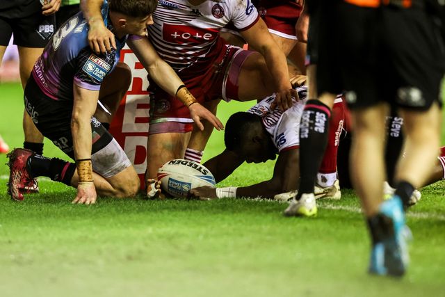Sam Eseh of Wigan Warriors in the pre-game warm up during the Betfred Super League match Wigan Warriors vs Hull FC at The Brick Community Stadium, Wigan, United Kingdom on 21 February 2026

(Photo by Alfie Cosgrove/News Images)