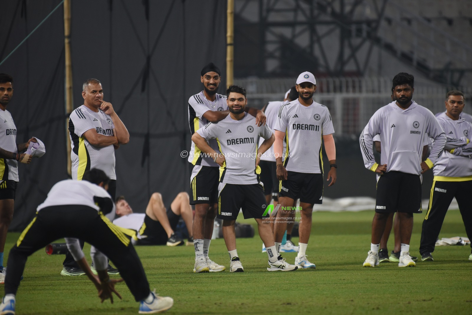 India's Rinku Singh, on ground with teammates at a practice session ahead of their first T20 match against England in Kolkata, India, January 21, 2025. Pictures by Debajyoti Chakraborty.(Photo: Debajyoti Chakraborty/News Images)