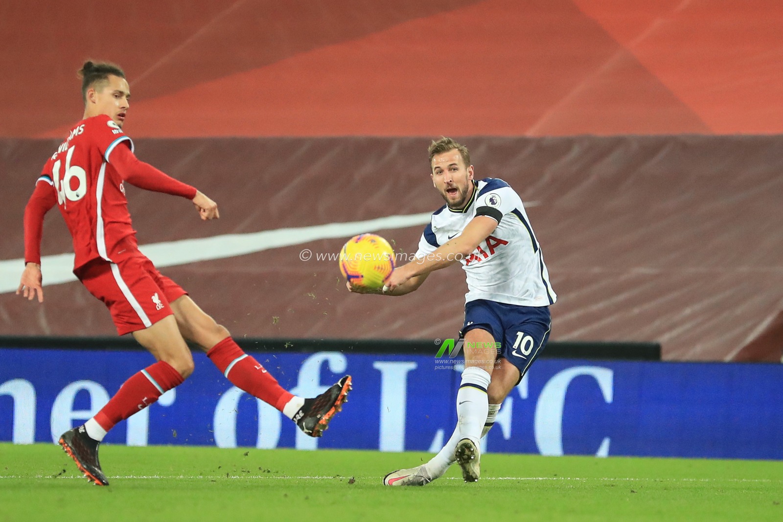 Harry Kane #10 of Tottenham Hotspur watches his shot just miss the far post, close effort