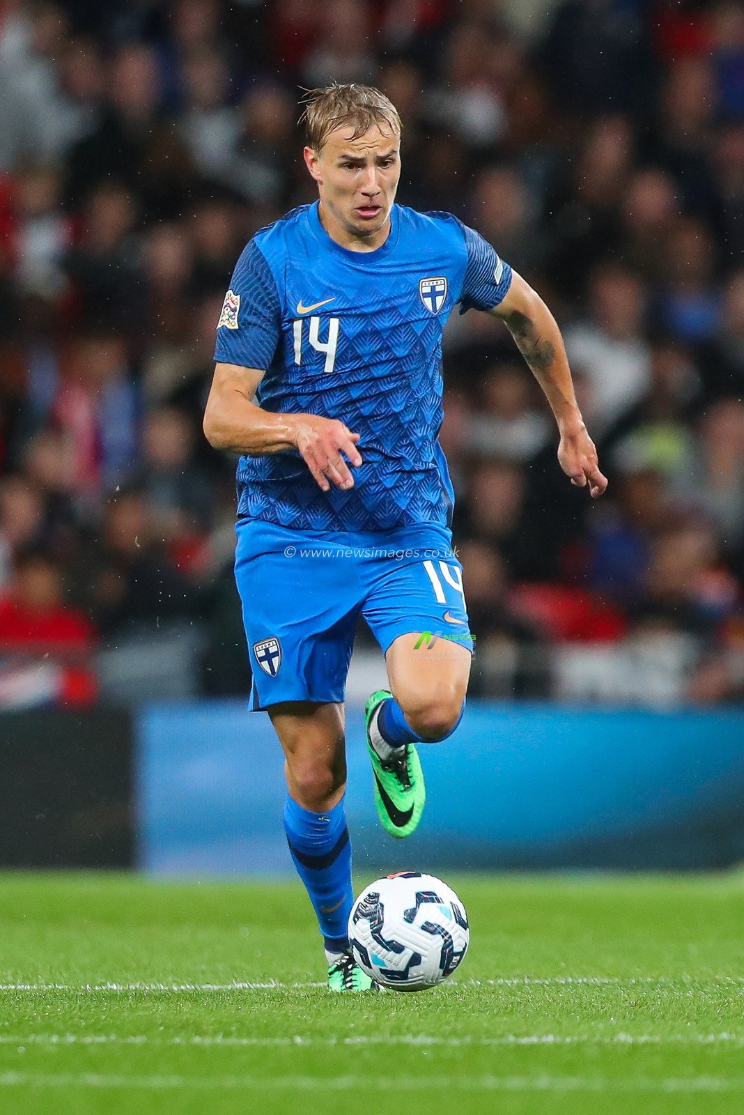 Topi Keskinen of Finland makes a break with the ball  during the UEFA Nations League - League B - Group 2 England v Finland at Wembley Stadium, London, United Kingdom, 10th September 2024

(Photo by Gareth Evans/News Images)