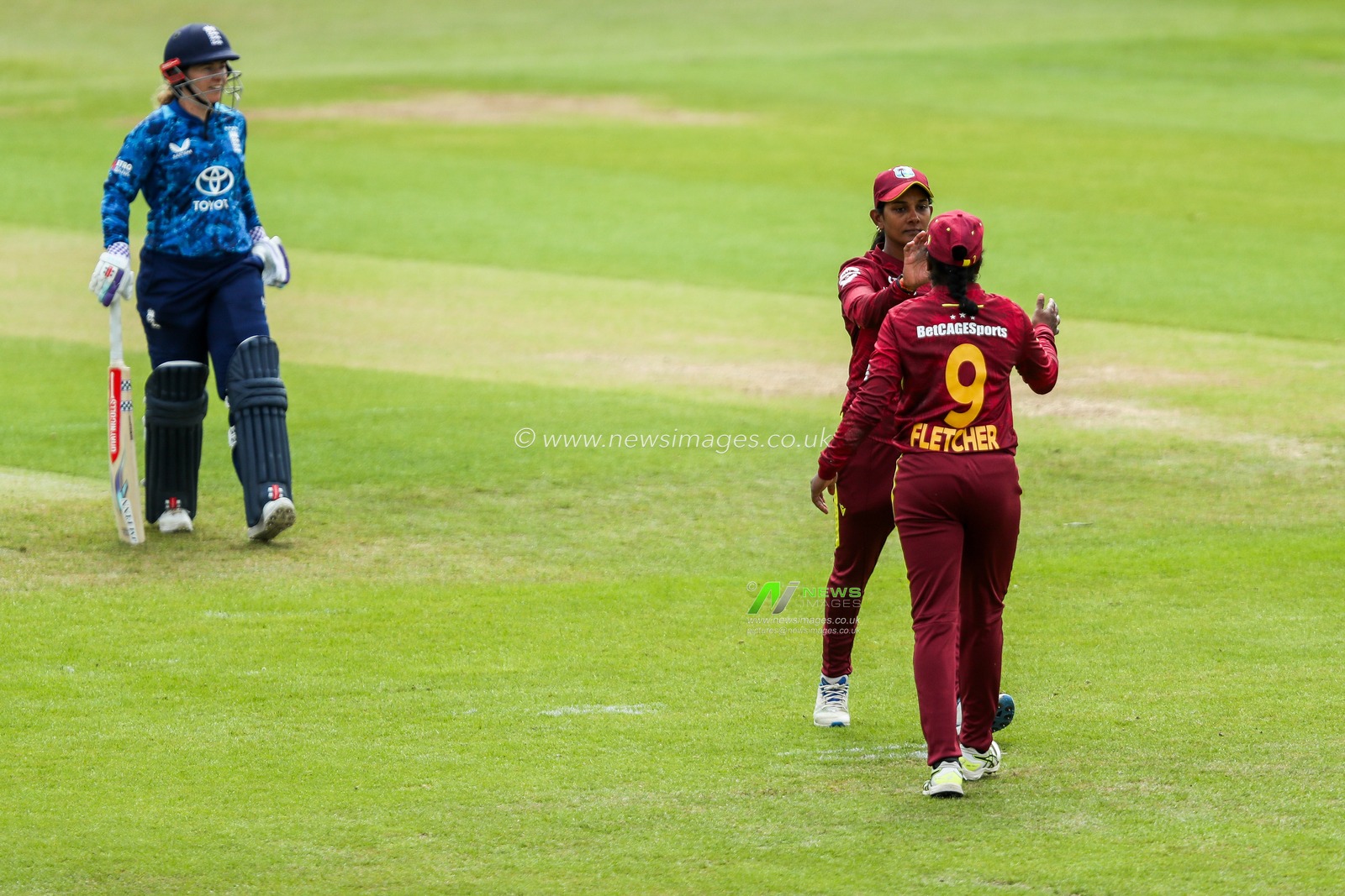 West Indies Women celebrates after the dismissal of Tammy Beaumont of England Women during the 2nd Metro Bank ODI Day International England Women v West Indies Women at Uptonsteel County Ground, Leicester, United Kingdom, 4th June 2025

(Photo by Izzy Poles/News Images)