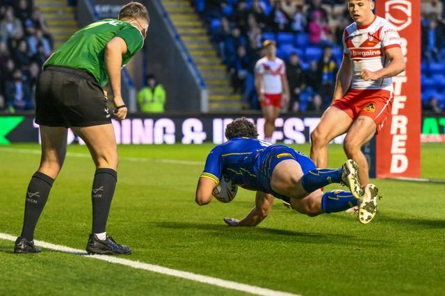 Toby King of Warrington Wolves goes over for a try during the Betfred Super League play-off Eliminator 2 Warrington Wolves v St Helens at Halliwell Jones Stadium, Warrington, United Kingdom, 28th September 2024

(Photo by Craig Thomas/News Images)