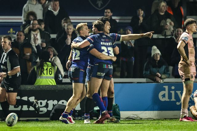 Will Tate of Wakefield Trinity celebrates his try during the Betfred Super League match Wakefield Trinity vs Hull FC at DIY Kitchens Stadium, Wakefield, United Kingdom on 05 March 2026

(Photo by Alfie Cosgrove/News Images)