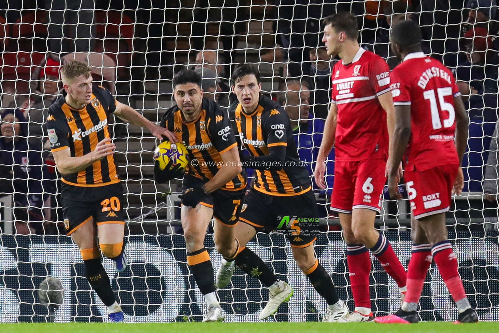Liam Delap #20 of Hull City celebrates his goal with Ozan Tufan and Alfie Jones making the score 1-1 during the Sky Bet Championship match Middlesbrough vs Hull City at Riverside Stadium, Middlesbrough, United Kingdom, 13th December 2023

(Photo by James Heaton/News Images)
