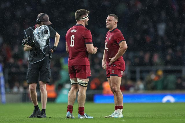 Tom Curry of England and Ben Earl of England celebrate the win during the Autumn Nations Series match England vs Japan at Allianz Stadium, Twickenham, United Kingdom, 24th November 2024

(Photo by Mark Cosgrove/News Images)