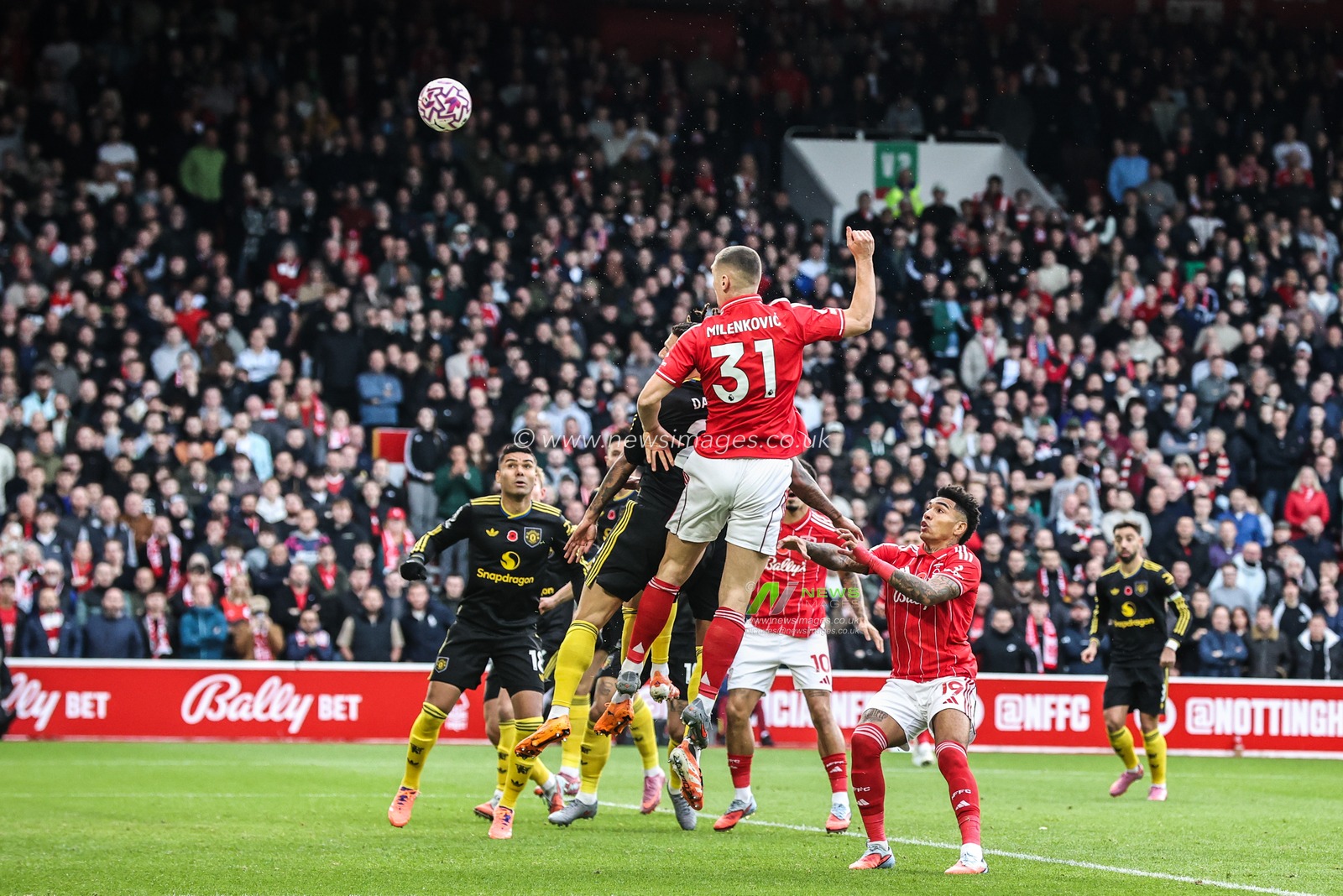 Nikola Milenkovic of Nottingham Forest heads on goal during the Premier League match Nottingham Forest vs Manchester United at City Ground, Nottingham, United Kingdom, 1st November 2025

(Photo by Alfie Cosgrove/News Images)

*** GER AUT SUI OUT ***