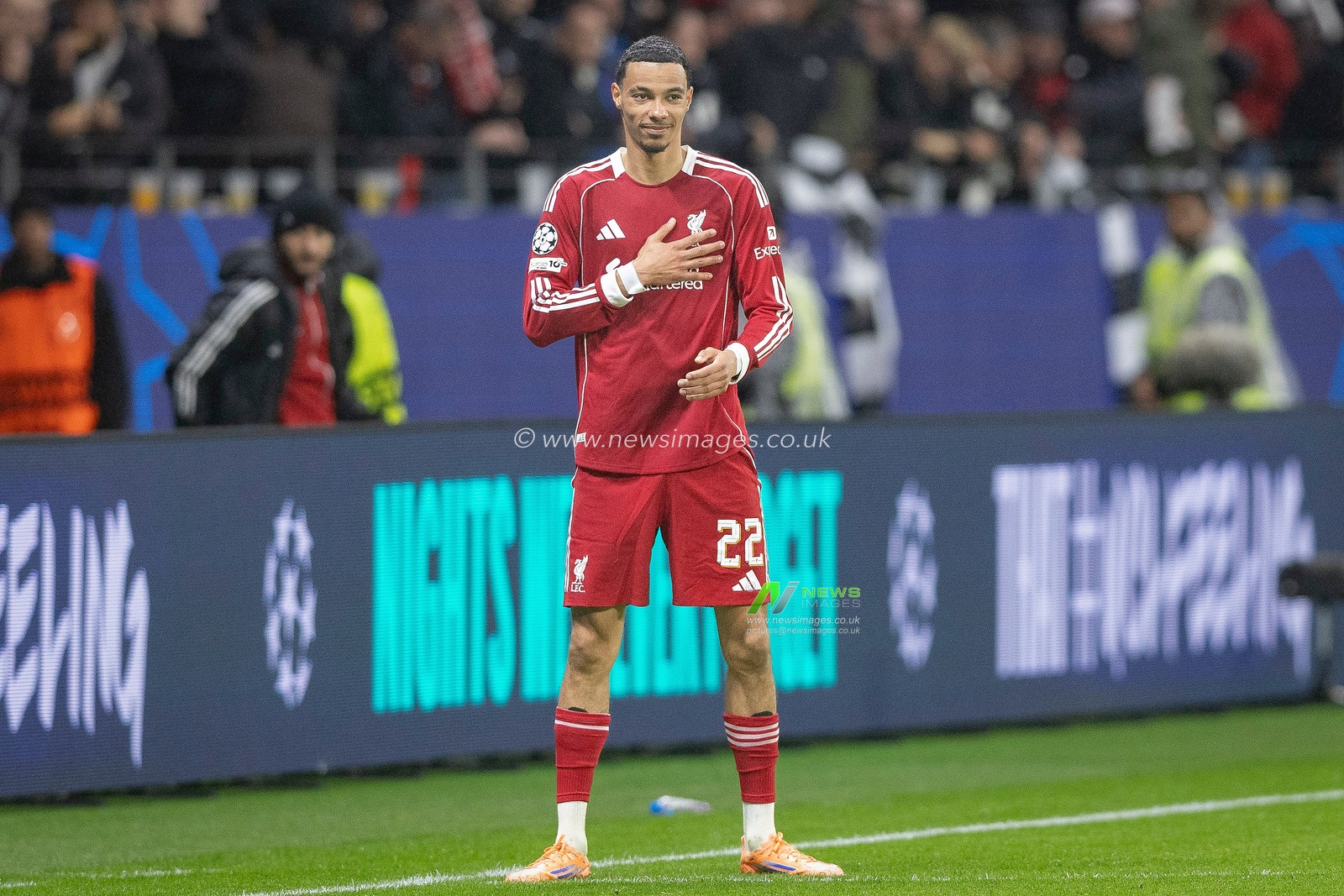 Hugo Ekitike of Liverpool shows his appreciation to the Eintracht Frankfurt fans who were singing his name during the UEFA Champions League Matchday 3 of 8 Eintracht Frankfurt vs Liverpool at Deutsche Bank Park, Frankfurt, Germany, 22nd October 2025

(Photo by Ian Stephen/News Images)