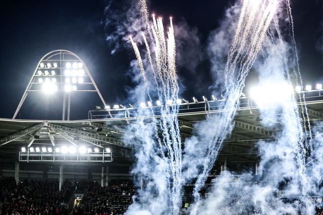 The pre-match firework display during the Betfred Super League round 1 match Hull FC vs Bradford Bulls at MKM Stadium, Hull, United Kingdom on 14 February 2026

(Photo by Alfie Cosgrove/News Images)