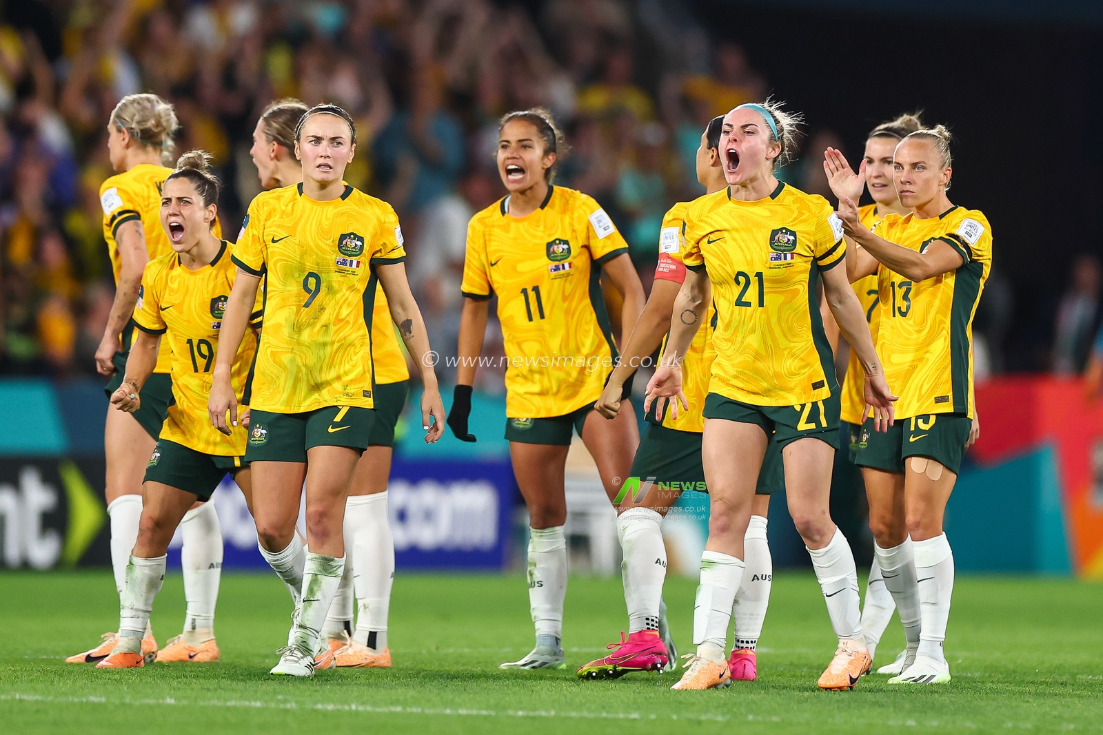 Australia players celebrate a saved penalty during the FIFA Women's World Cup 2023 Quarter-Final match Australia Women vs France Women at Suncorp Stadium, Brisbane, Australia, 12th August 2023

(Photo by Patrick Hoelscher/News Images)
