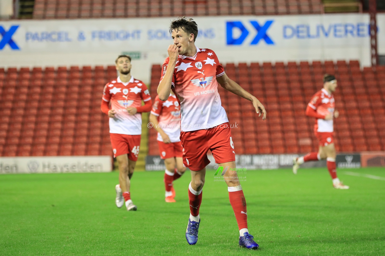 MaÃ«l de Gevigney #6 of Barnsley celebrates his goal to make it 3-2 during the Emirates FA Cup 1st Round match Barnsley vs Horsham FC at Oakwell, Barnsley, United Kingdom, 3rd November 2023

(Photo by Alfie Cosgrove/News Images)