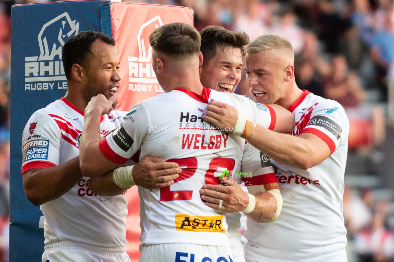 2nd August 2019 , Totally Wicked Stadium, St Helens, England;  Betfred Super League, Round 24, St Helens vs Wakefield Trinity ; Louie McCarthy-Scarsbrook of St Helens celebrates scoring his try with team mates

Credit: Richard Long/News Images