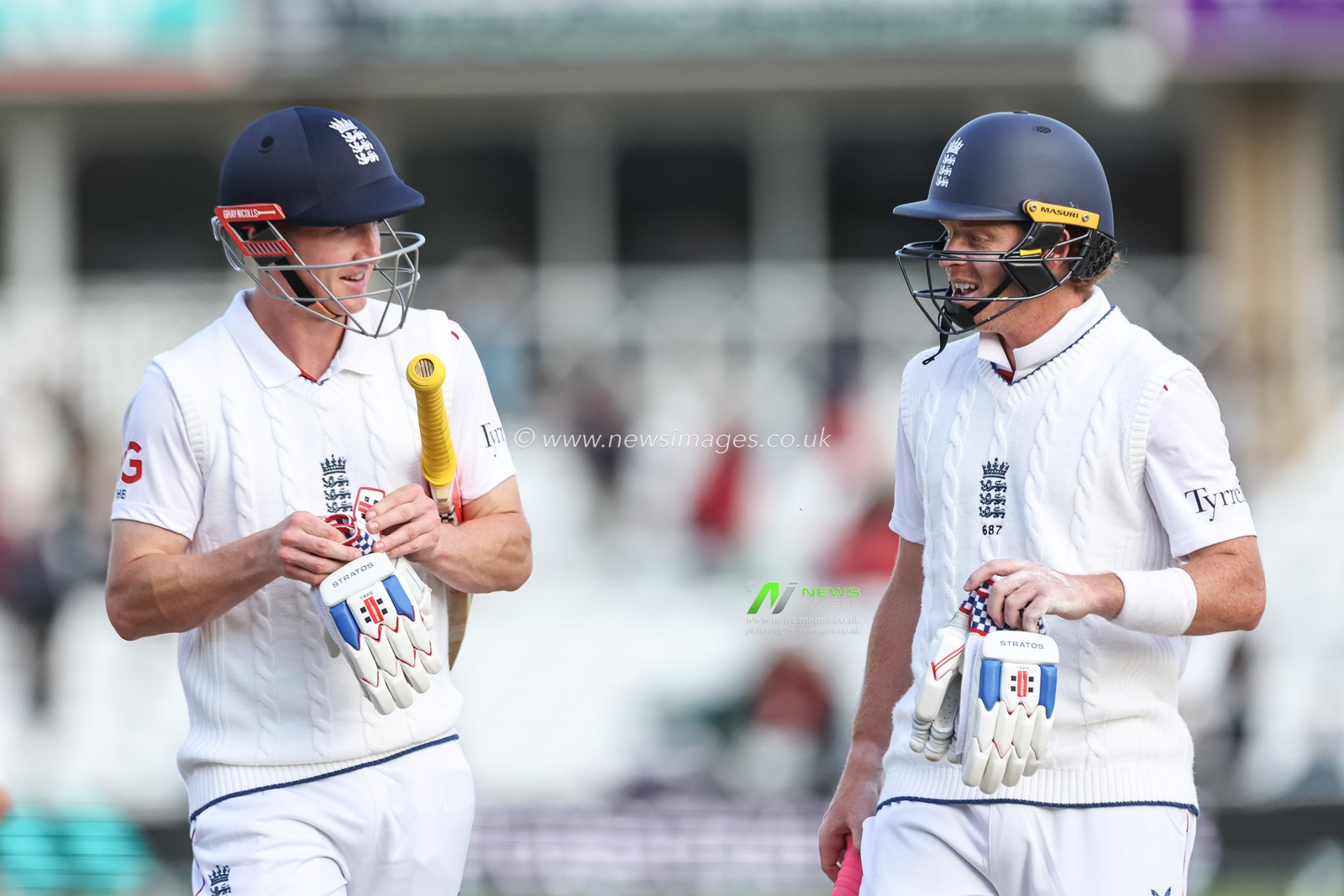 Harry Brook of England and Ollie Pope of England leave the field of play as stumps on day 1 during the Rothesay Test Match Day 1 England vs Zimbabwe at Trent Bridge, Nottingham, United Kingdom, 22nd May 2025

(Photo by Mark Cosgrove/News Images)