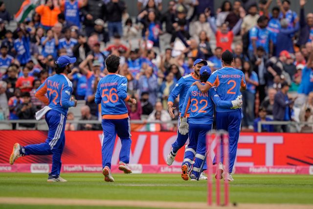 Ishan Kishan of India celebrates the wicket of Jos Buttler of England who clips the ball to mid wicket and is caught off the bowling of Arshdeep Singh of India during the Second Vitality T20 International match England vs India at Old Trafford, Manchester, United Kingdom on 04 July 2026

(Photo by Maynard Manyowa/News Images)
