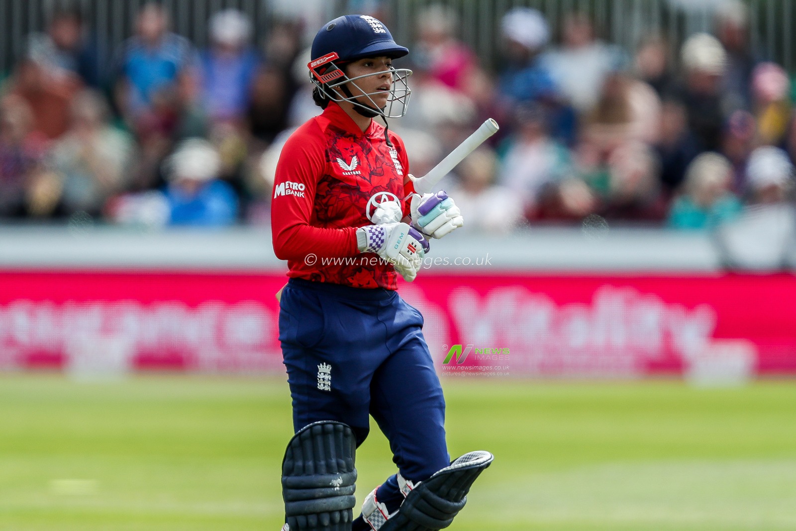 Sophia Dunkley of England Women looks dejected following her dismissal during the 3rd Vitality IT20 Series match England Women vs West Indies Women at The Cloud County Ground, Chelmsford, United Kingdom, 26th May 2025

(Photo by Izzy Poles/News Images)