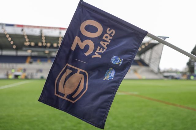 Super League 30 year celebration flag during the Betfred Super League round 6 match Leeds Rhinos vs Warrington Wolves at AMT Headingley Stadium, Leeds, United Kingdom on 29 March 2026

(Photo by Mark Cosgrove/News Images)