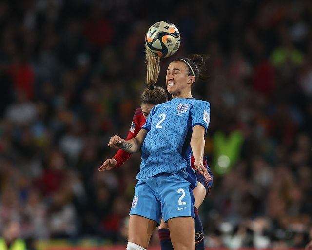 Lucy Bronze #2 of England jumps up to win the high ball during the FIFA Women's World Cup 2023 Final match Spain Women vs England Women at Stadium Australia, Sydney, Australia, 20th August 2023

(Photo by Patrick Hoelscher/News Images)