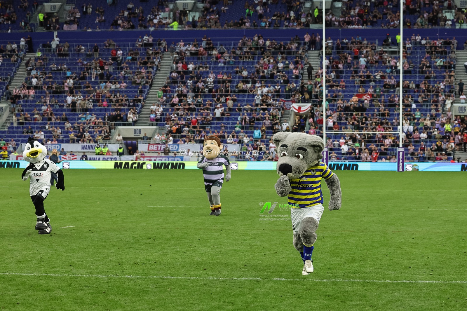 Warrington Wolves mascot Wolfie wins the half time mascot race during the Betfred Super League Magic Weekend match Leigh Leopards vs Warrington Wolves at Hill Dickinson Stadium, Liverpool, United Kingdom on 04 July 2026

(Photo by Mark Cosgrove/News Images)