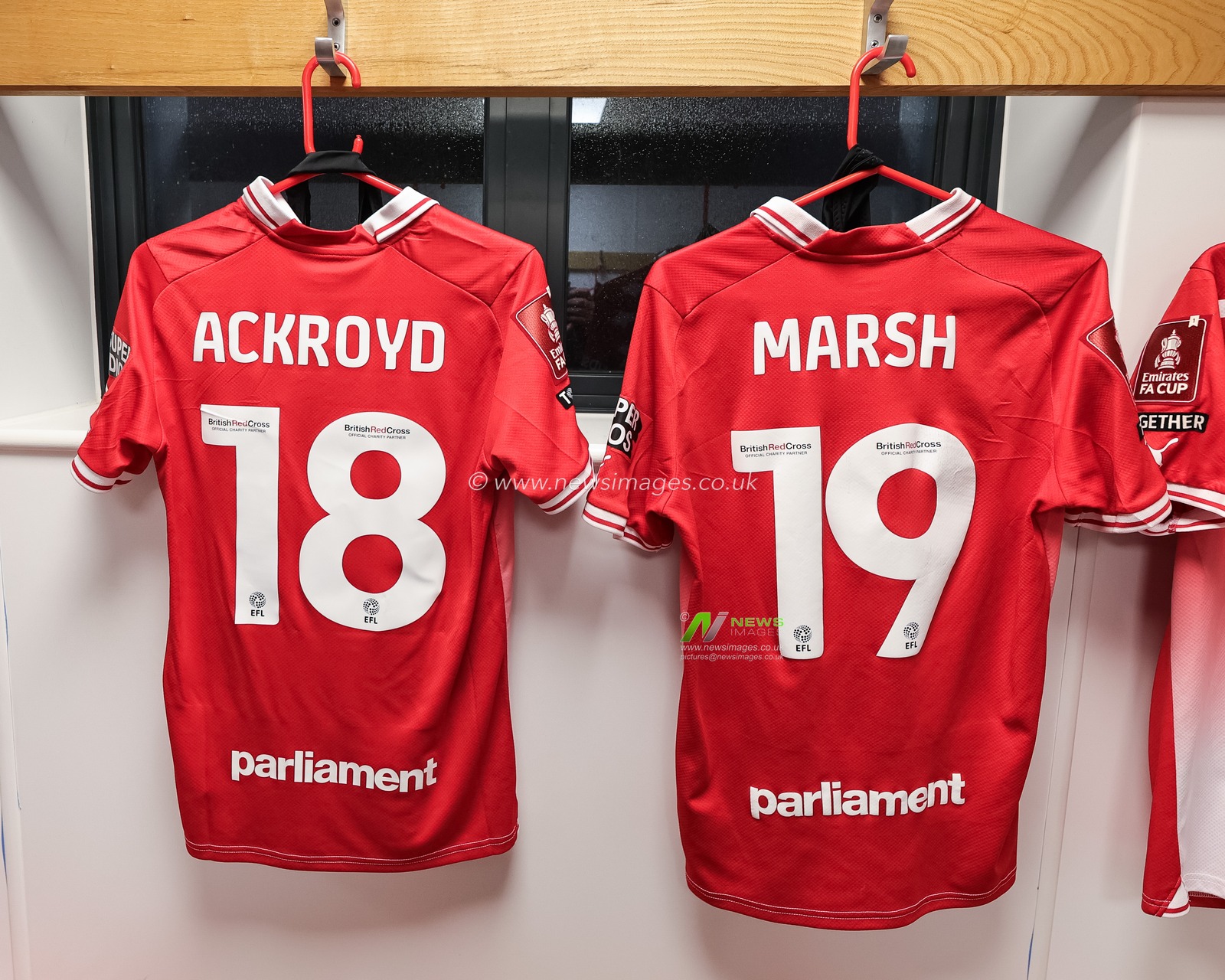 Joe Ackroyd #18 of Barnsley and Aiden Marsh #19 of Barnsley match shirts during the Emirates FA Cup match Horsham FC vs Barnsley at The Camping World Community Stadium, Horsham, United Kingdom, 14th November 2023

(Photo by Mark Cosgrove/News Images)