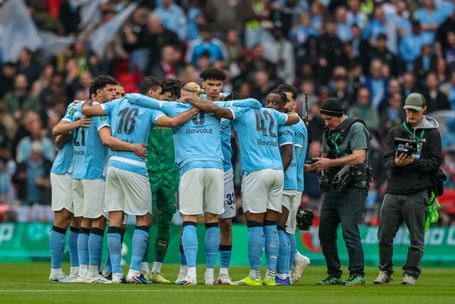 Man City team huddle during the Carabao Cup Final match Arsenal vs Manchester City at Emirates, London, United Kingdom on 22 March 2026

(Photo by Alfie Cosgrove/News Images)