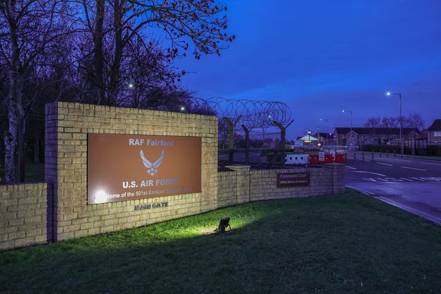 A general view of the main entrance to RAF Fairford, home of the U.S Air Force 501st Combat Support Wing during the RAF Fairford live feed at RAF Fairford, Fairford, United Kingdom on 02 March 2026

(Photo by Mark Cosgrove/News Images)