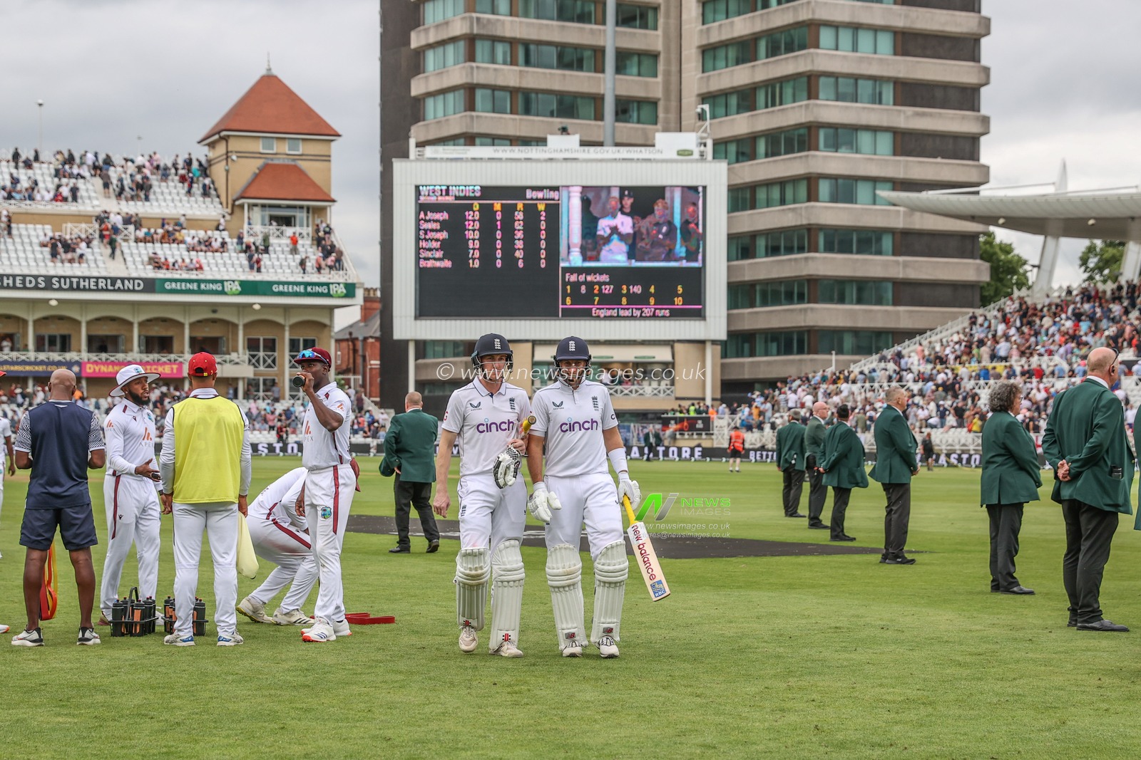 Joe Root of England and Harry Brook of England leave the field at the end of day 3 during the Rothesay Test Match day three England vs West Indies at Trent Bridge, Nottingham, United Kingdom, 20th July 2024

(Photo by Mark Cosgrove/News Images)