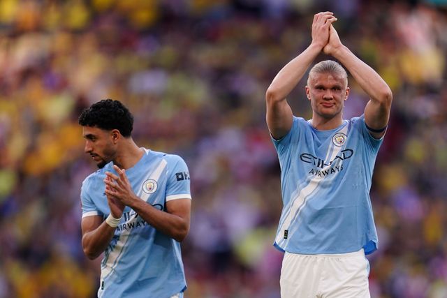 Erling Haaland applauds support of Manchester City during the Emirates FA Cup Semi-Final match Manchester City vs Southampton at Wembley Stadium, London, United Kingdom on 25 April 2026

(Photo by Harvey Murphy/News Images)