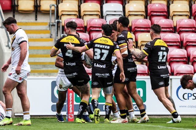 Sam Wood of York Knights celebrates his try during the Betfred Super League round 12 match York Knights vs Castleford Tigers at LNER Community Stadium, York, United Kingdom on 16 May 2026

(Photo by Alfie Cosgrove/News Images)