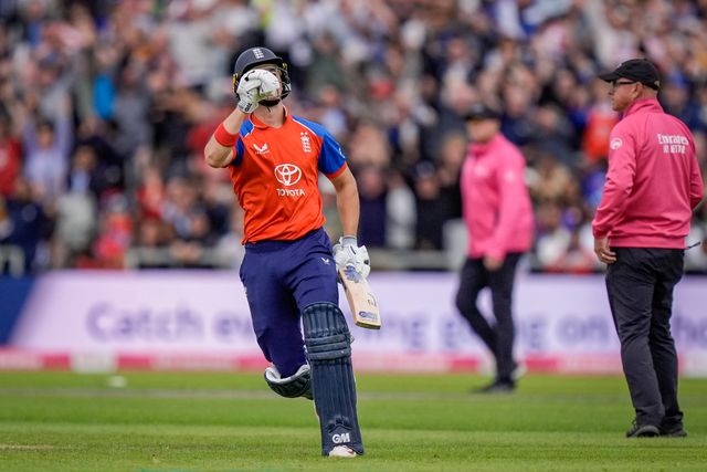Jacob Bethell of England celebrates the winning run during the Second Vitality T20 International match England vs India at Old Trafford, Manchester, United Kingdom on 04 July 2026

(Photo by Maynard Manyowa/News Images)