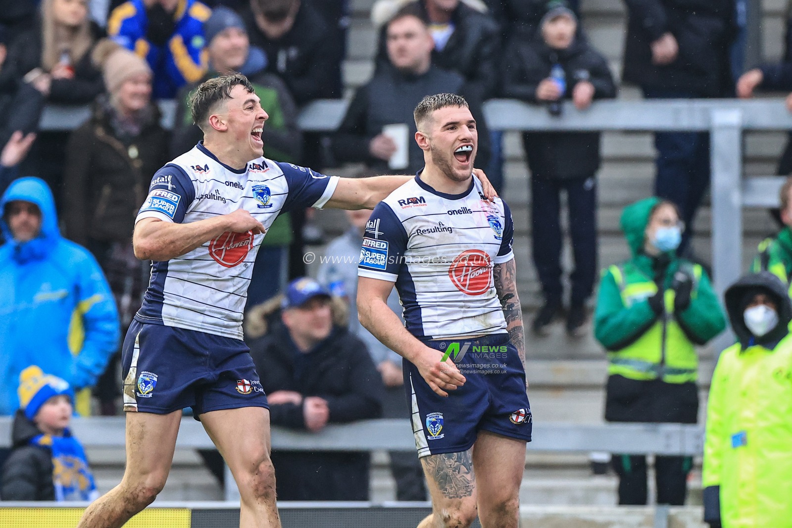 Connor Wrench #23 of Warrington Wolves celebrates his try