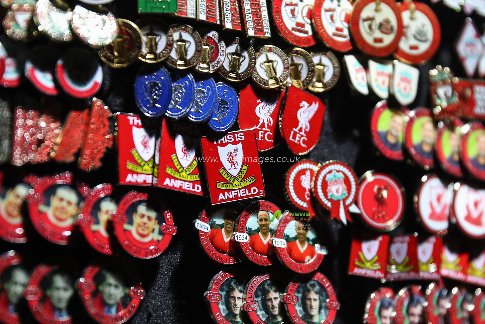 Liverpool FC memorabilia pin badges on sale outside Anfield during the UEFA Champions League, League Stage match Liverpool vs Bayer 04 Leverkusen at Anfield, Liverpool, United Kingdom, 5th November 2024

(Photo by Gareth Evans/News Images)