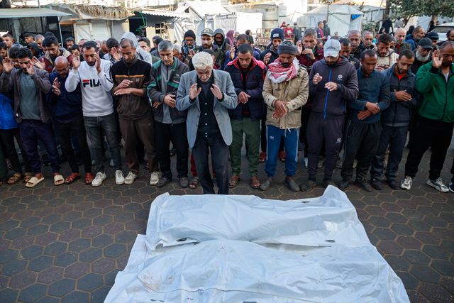 Palestinians bid farewell to the martyr who was killed when Israeli aircraft targeted one of the displaced people's tents last night, west of Deir al-Balah, in the central Gaza Strip.(Photo: Mohammed Skaik/News Images)