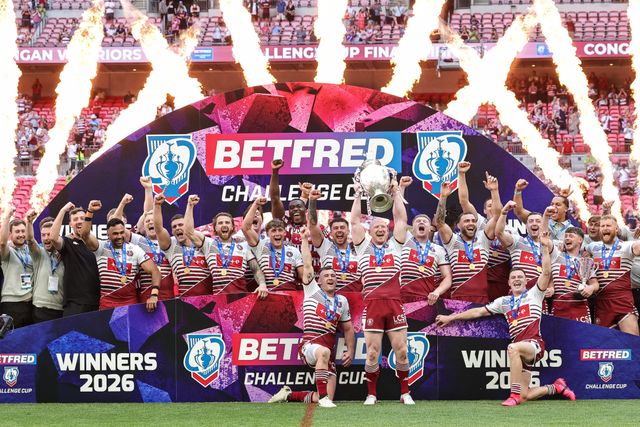 Liam Farrell of Wigan Warriors and his team mates lift the  Betfred Challenge Cup trophy during the Betfred Challenge Cup Final match Wigan Warriors vs Hull KR at Wembley Stadium, London, United Kingdom on 30 May 2026

(Photo by Mark Cosgrove/News Images)