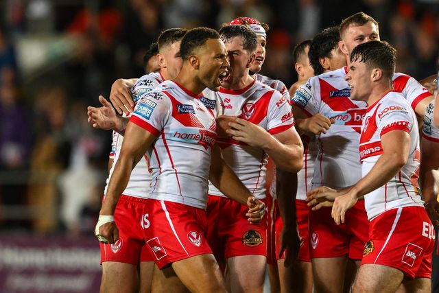 Moses Mbye of St. Helens celebrates his drop goal in extra time to win Betfred Super League Round 21 match St Helens vs Salford Red Devils at Totally Wicked Stadium, St Helens, United Kingdom, 8th August 2024

(Photo by Craig Thomas/News Images)