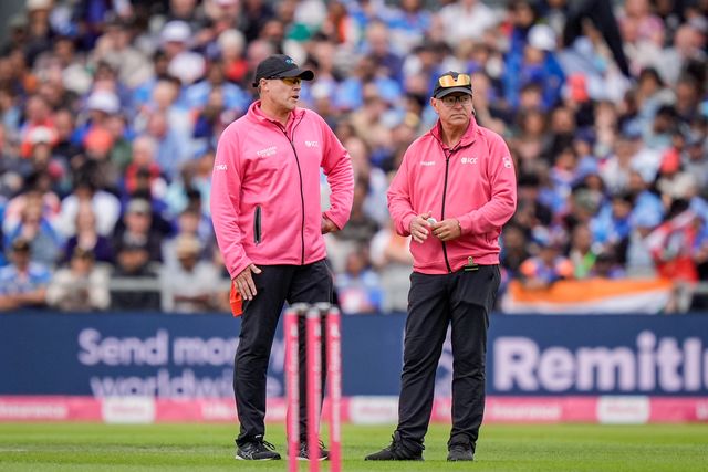 Umpires Graham Lloyd and  Martin Saggers speak during a decision review, during the Second Vitality T20 International match England vs India at Old Trafford, Manchester, United Kingdom on 04 July 2026

(Photo by Maynard Manyowa/News Images)
