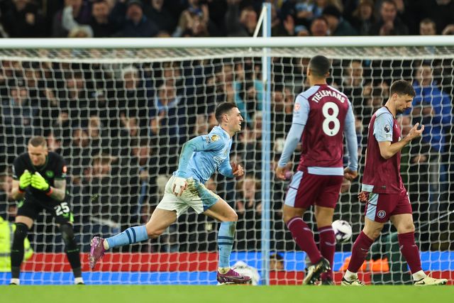 Phil Foden of Manchester City celebrates his goal to make it 4 -1 during the Premier League match Manchester City vs Aston Villa at Etihad Stadium, Manchester, United Kingdom, 3rd April 2024

(Photo by Mark Cosgrove/News Images)