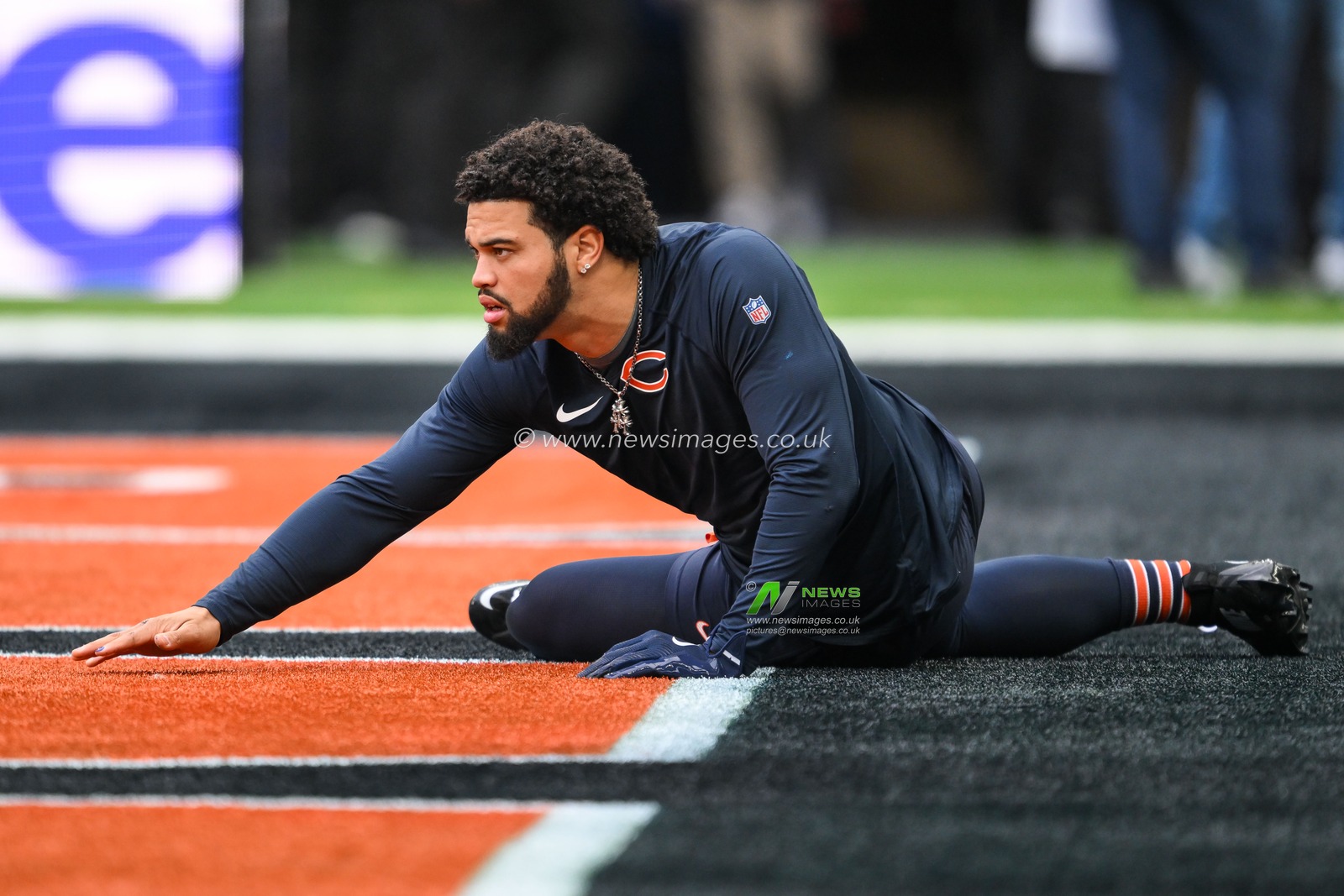 Caleb Williams of the Chicago Bears stretches during pre game warm ups ahead of the Week 6 match Chicago Bears vs Jacksonville Jaguars at Tottenham Hotspur Stadium, London, United Kingdom, 13th October 2024

(Photo by Craig Thomas/News Images)