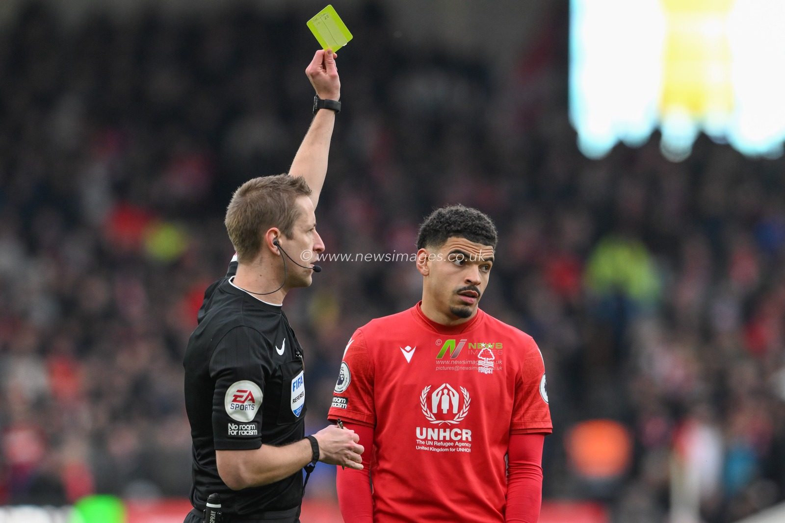 Morgan Gibbs-White #10 of Nottingham Forest receives a yellow card from referee John Brooks during the Premier League match Nottingham Forest vs Everton at City Ground, Nottingham, United Kingdom, 4th March 2023

(Photo by Craig Thomas/News Images)
