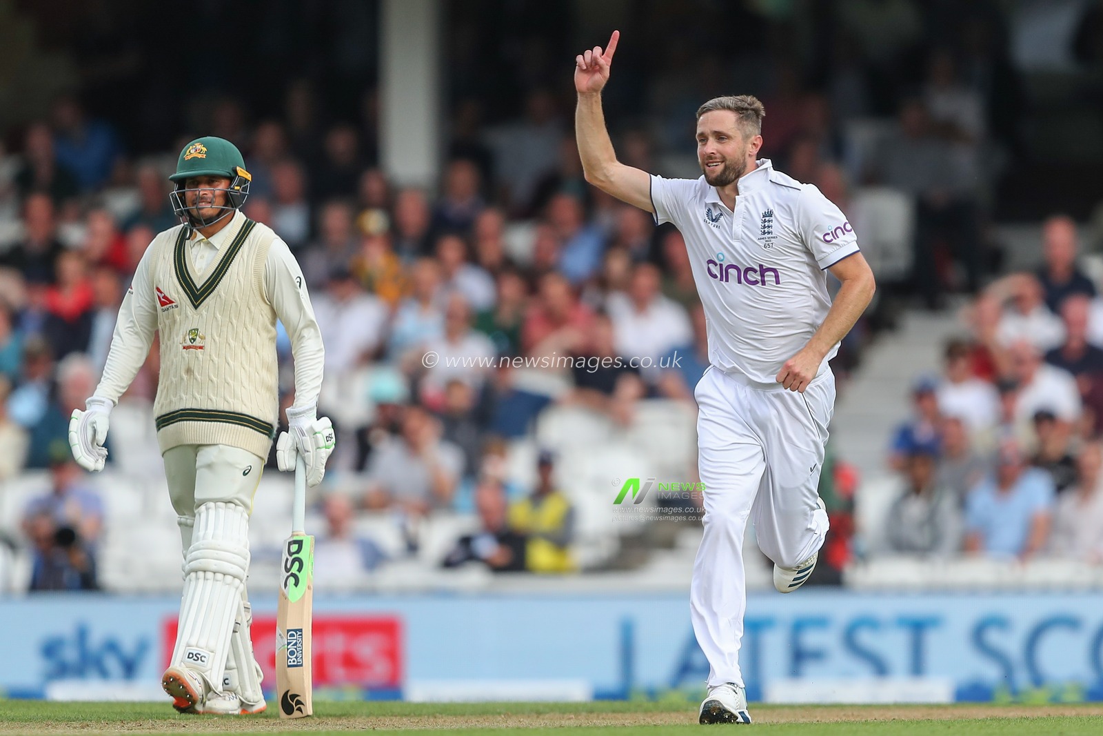 Chris Woakes of England celebrates the dismissal of David Warner of Australia during the LV= Insurance Ashes Fifth Test Series Day One England v Australia at The Kia Oval, London, United Kingdom, 27th July 2023

(Photo by Gareth Evans/News Images)