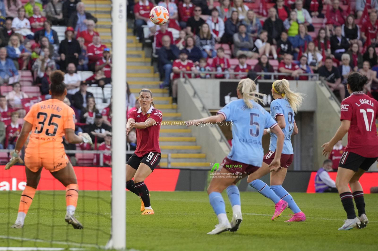 Vilde Boe Risa #8 of Manchester United heads across goal during the The FA Women's Super League match Manchester United Women vs Manchester City Women at Leigh Sports Village, Leigh, United Kingdom, 21st May 2023

(Photo by Steve Flynn/News Images)