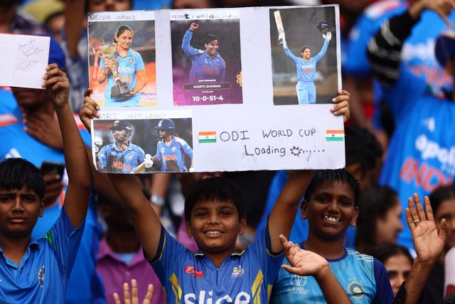 Indian Fans cheering up the game during the ICC Women's ODI Cricket World Cup Final 2025 session India Women vs South Africa Women at Dr. D.Y. Patil Sports Academy, Navi Mumbai, India, 2nd November 2025

(Photo by Shubhajit Roy Karmakar/News Images)

