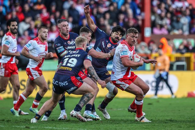 Jai Whitbread of Hull KR is tackled during the Betfred Super League Semi Final 2 match Hull KR vs St Helens at Sewell Group Craven Park, Kingston upon Hull, United Kingdom, 3rd October 2025

(Photo by Alfie Cosgrove/News Images)