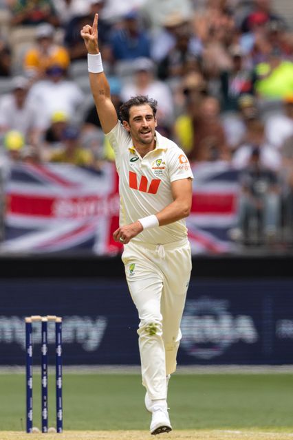 Mitch Starc of Australia celebrates after taking a wicket during the NRMA Insurance Ashes First Test Day 2 Australia vs England at Optus Stadium, Perth, Australia, 22nd November 2025

(Photo by Santanu Banik/News Images)

*** GER AUT SUI OUT ***
