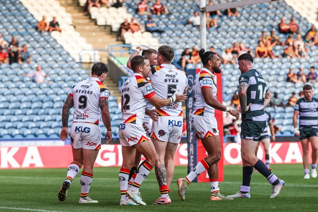 Ryan Sutton of Bradford Bulls celebrates his try during the Betfred Super League round 18 match Huddersfield Giants vs Bradford Bulls at Accu Stadium, Huddersfield, United Kingdom on 10 July 2026

(Photo by Alfie Cosgrove/News Images)