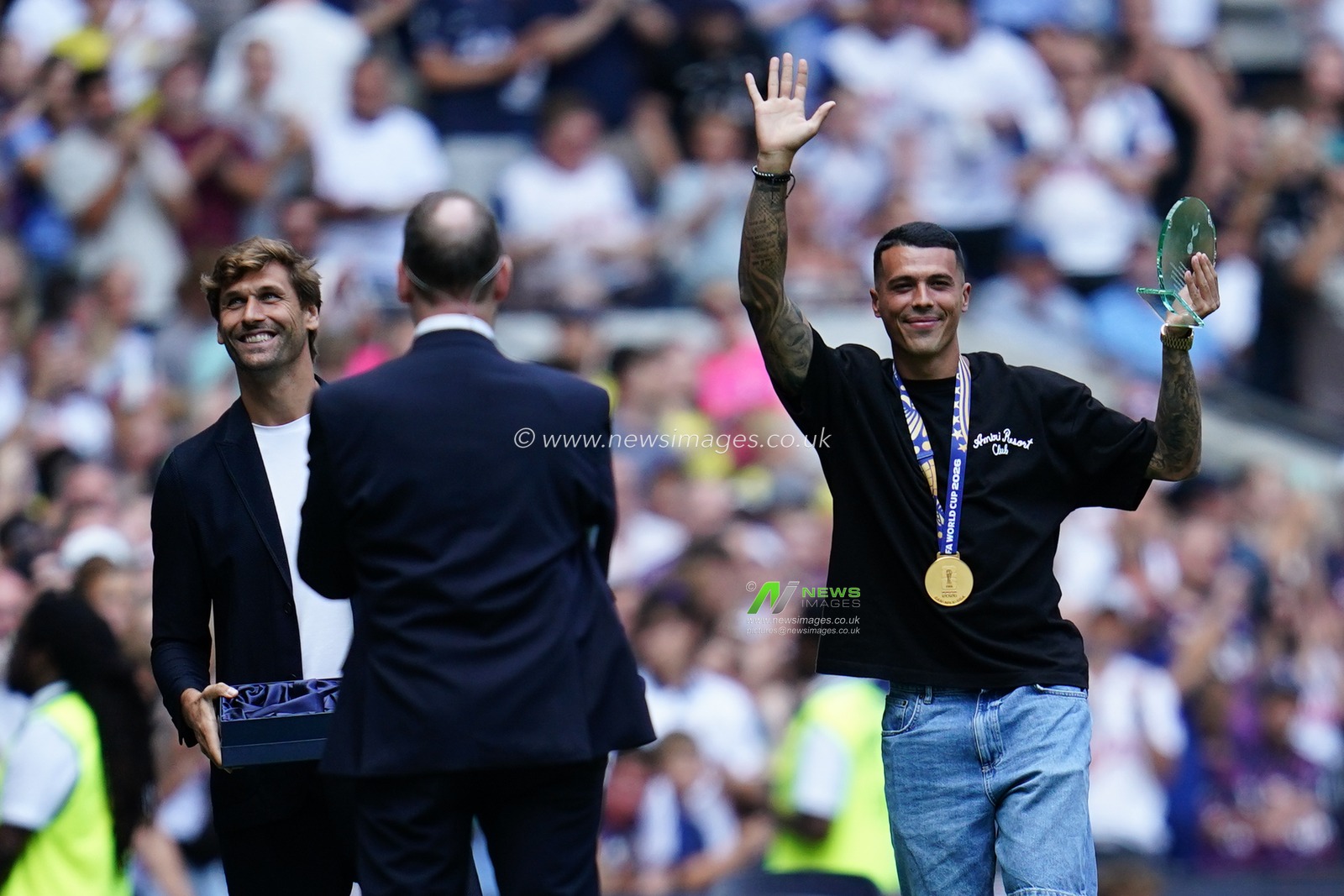 Pedro Porro of Tottenham Hotspur is presented to the home support after his countries World Cup win during the pre-season friendly match Tottenham Hotspur vs Hoffenheim at Tottenham Hotspur Stadium, London, United Kingdom on 15 August 2026

(Photo by Harvey Murphy/News Images)