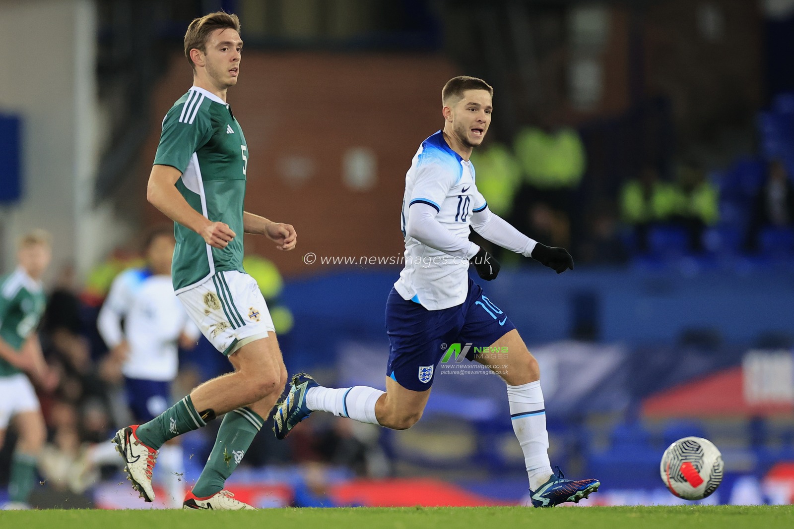 James McAtee #10 of England U21 runs past Ruairi McConville #5  of Northern Ireland U21 during the UEFA Euro U21 Qualifiers match England U21 vs Northern Ireland U21 at Goodison Park, Liverpool, United Kingdom, 21st November 2023

(Photo by Conor Molloy/News Images)